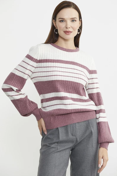 Çizgi Detaylı Yünlü Triko Kazak - Gül - Resim 2