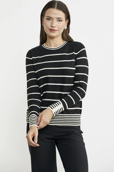 Sıfır Yaka Çizgili Triko Kazak - Siyah - Resim 4