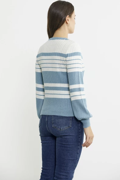 Çizgi Detaylı Yünlü Triko Kazak - Mavi - 5