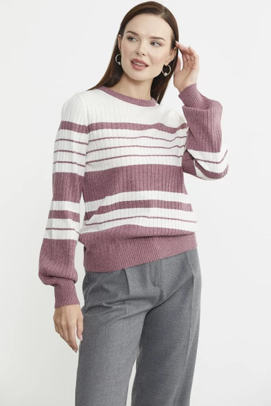 Çizgi Detaylı Yünlü Triko Kazak - Gül - Resim 3