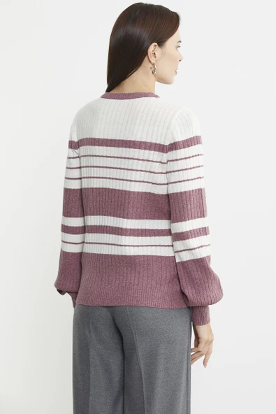 Çizgi Detaylı Yünlü Triko Kazak - Gül - Resim 5