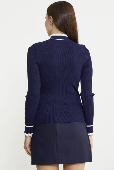 Kolu Düğme Detaylı Dik Yaka Triko Kazak - Lacivert - Resim 5