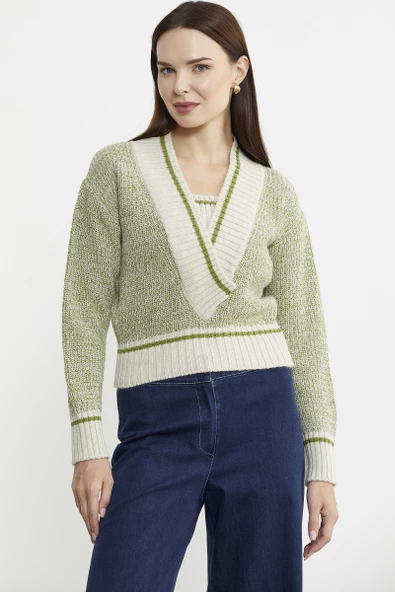 Derin V Bantlı Yünlü Triko Kazak - Bej - Resim 2