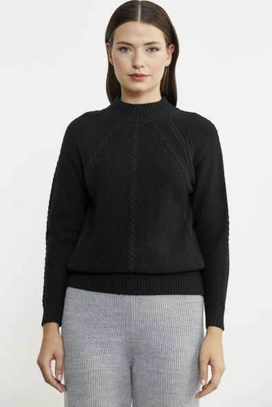 Yünlü Motif Detaylı Dik Yaka Triko Kazak - Siyah - Resim 3