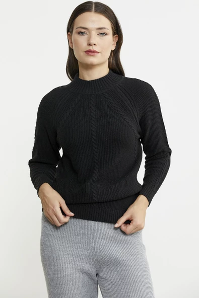 Yünlü Motif Detaylı Dik Yaka Triko Kazak - Siyah ürün görseli 1