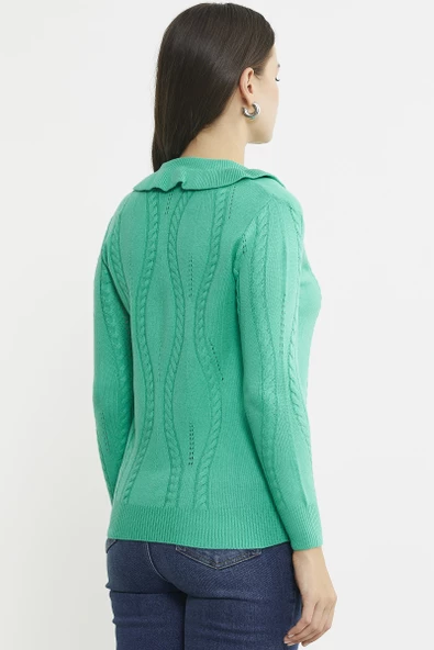 Fırfır Yakalı Motifli Triko Kazak - Yeşil - 5