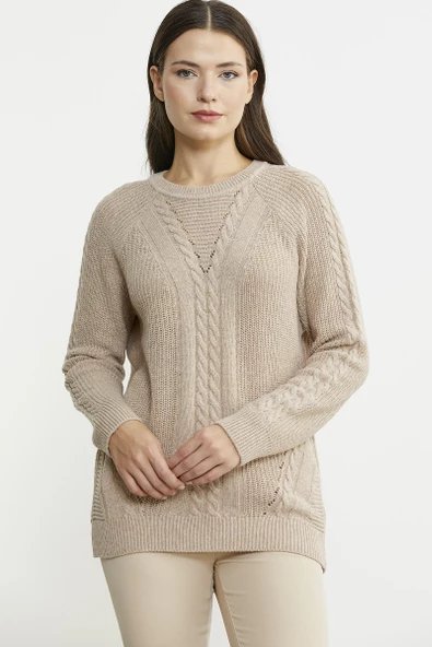 Salaş Motifli Yünlü Triko Kazak - Vizon ürün görseli 1