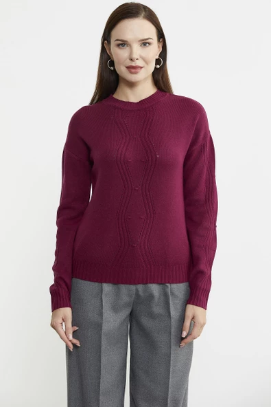 Sıfır Yaka Motifli Triko Kazak - Bordo - 5