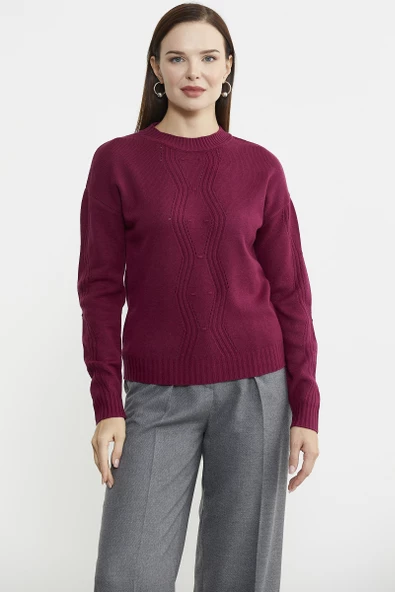 Sıfır Yaka Motifli Triko Kazak - Bordo