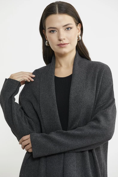 Büyük Beden Şal Yaka Yünlü Triko Hırka - Koyu Gri - Resim 2