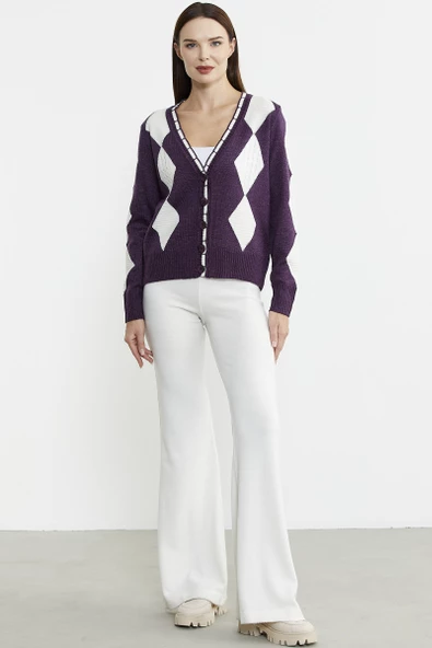 Baklava Desenli Çift Renk Yünlü Triko  Hırka - Mor - Resim 2