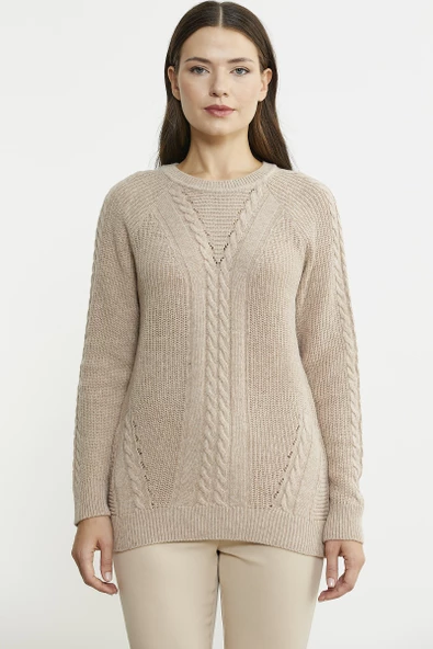 Salaş Motifli Yünlü Triko Kazak - Vizon - Resim 2