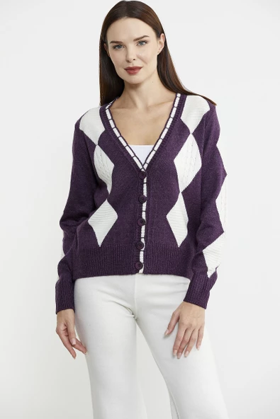 Baklava Desenli Çift Renk Yünlü Triko  Hırka - Mor - Resim 4