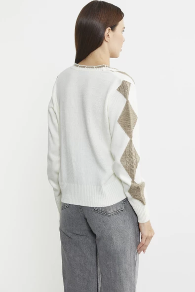 Baklava Desenli Çift Renk Yünlü Triko  Hırka - Kemik - Resim 6