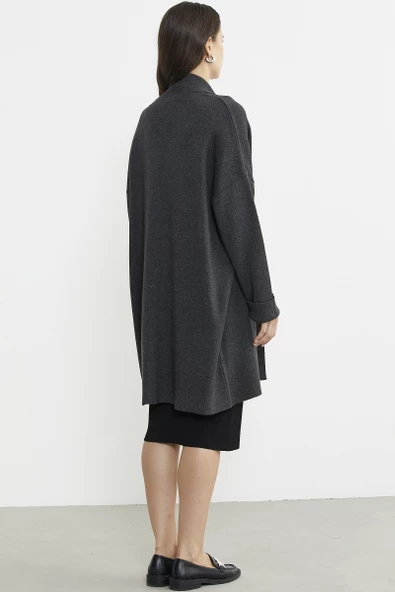 Büyük Beden Şal Yaka Yünlü Triko Hırka - Koyu Gri - Resim 6