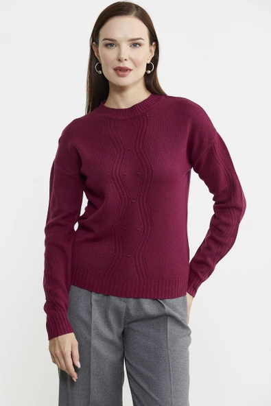 Sıfır Yaka Motifli Triko Kazak - Bordo - 3