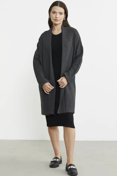 Büyük Beden Şal Yaka Yünlü Triko Hırka - Koyu Gri - Resim 3