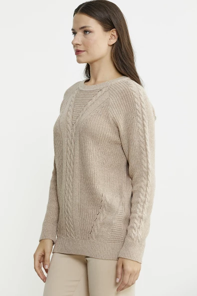 Salaş Motifli Yünlü Triko Kazak - Vizon - Resim 4