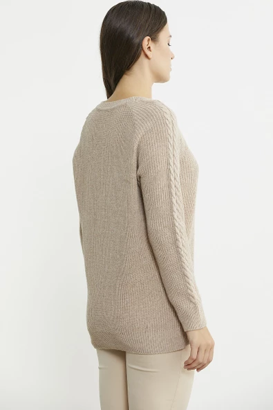 Salaş Motifli Yünlü Triko Kazak - Vizon - Resim 5