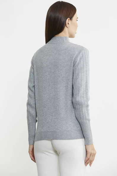 Yarım Balıkçı Motifli Triko Kazak - Gri - Resim 5