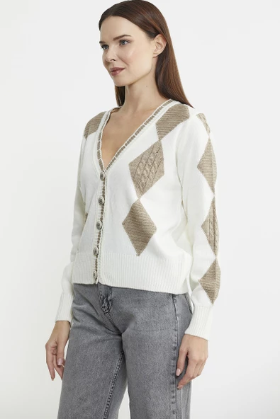 Baklava Desenli Çift Renk Yünlü Triko  Hırka - Kemik - Resim 4