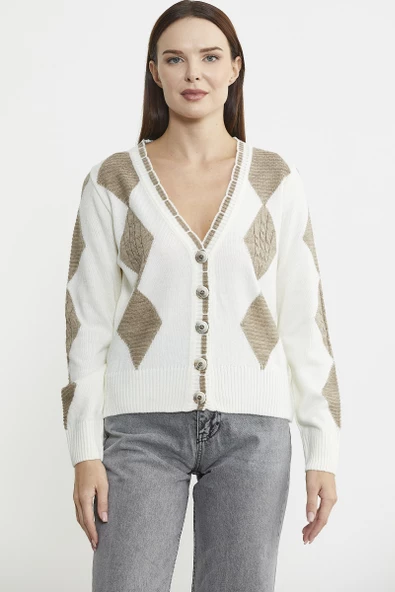 Baklava Desenli Çift Renk Yünlü Triko  Hırka - Kemik ürün görseli 1