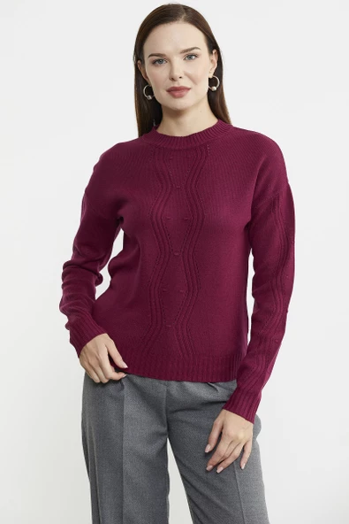 Sıfır Yaka Motifli Triko Kazak - Bordo - 2