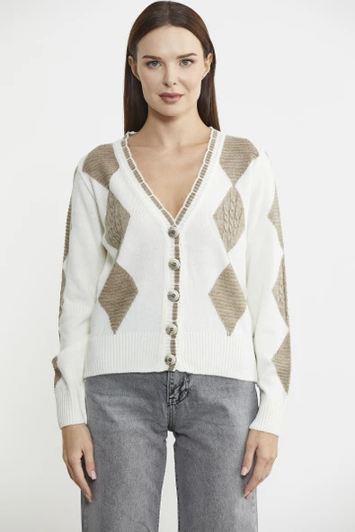 Baklava Desenli Çift Renk Yünlü Triko  Hırka - Kemik - Resim 2