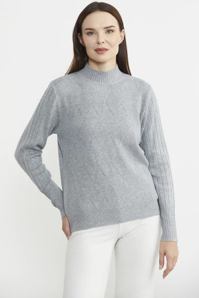 Yarım Balıkçı Motifli Triko Kazak - Gri - Resim 2