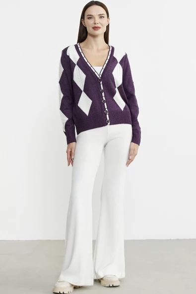 Baklava Desenli Çift Renk Yünlü Triko  Hırka - Mor ürün görseli
