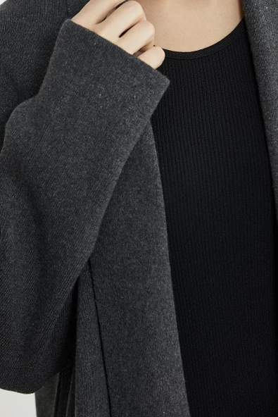 Büyük Beden Şal Yaka Yünlü Triko Hırka - Koyu Gri - Resim 5