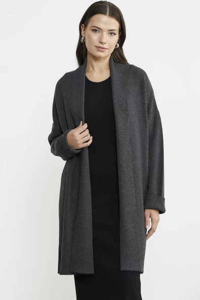 Büyük Beden Şal Yaka Yünlü Triko Hırka - Koyu Gri - Resim 4