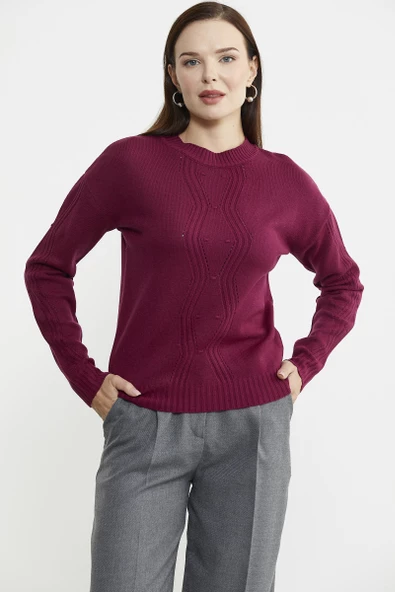 Sıfır Yaka Motifli Triko Kazak - Bordo - 4