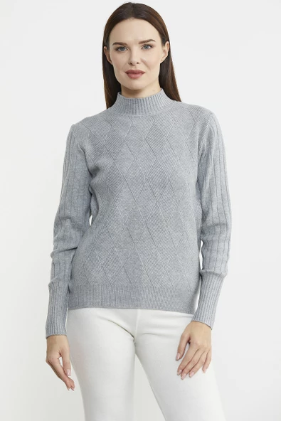 Yarım Balıkçı Motifli Triko Kazak - Gri ürün görseli 1