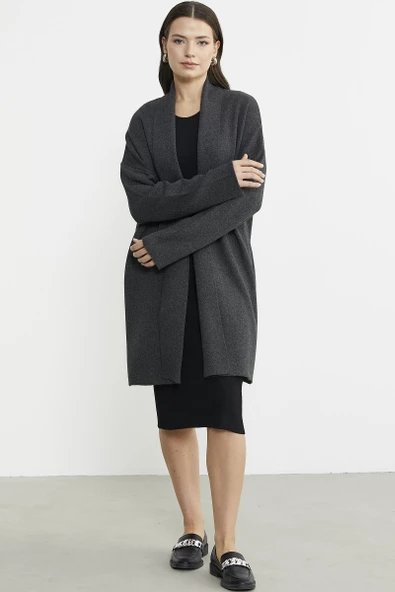 Büyük Beden Şal Yaka Yünlü Triko Hırka - Koyu Gri ürün görseli