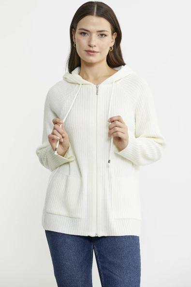 Kapüşonlu Tam Fermuarlı Yünlü Triko Hırka - Kemik - Resim 3