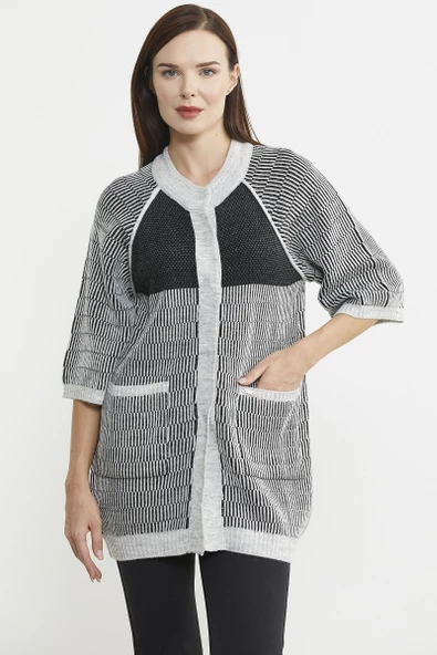 Kısa Kol Çıt Çıtlı Uzun Yünlü Triko Hırka - Gri - Resim 4