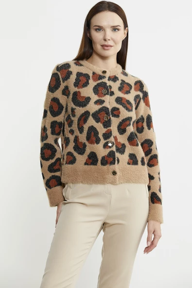 Leopar Desenli Sakallı Triko Hırka - Bej - Resim 2
