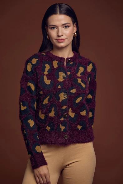 Leopar Desenli Sakallı Triko Hırka - Bordo - 1