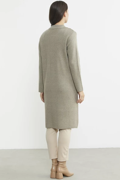 Nervür Detaylı Cepli Uzun Yünlü Triko Hırka - Vizon - 5