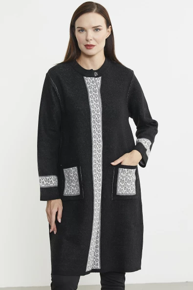 Cepli Uzun Yün Triko Hırka - Siyah - Resim 2