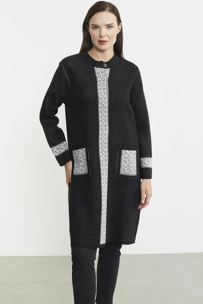 Cepli Uzun Yün Triko Hırka - Siyah ürün görseli