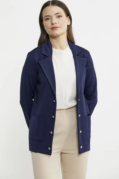 Şal Yaka Düğmeli Triko Ceket - Lacivert - Resim 4
