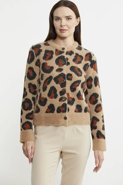 Leopar Desenli Sakallı Triko Hırka - Bej - Resim 3