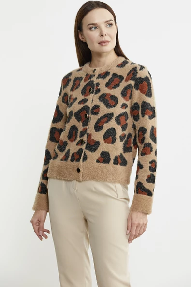 Leopar Desenli Sakallı Triko Hırka - Bej - Resim 4