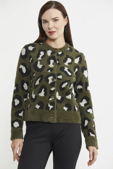 Leopar Desenli Sakallı Triko Hırka - Haki - 4