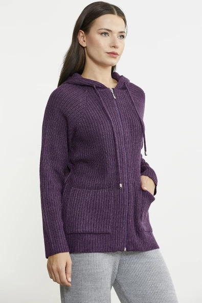 Kapüşonlu Tam Fermuarlı Yünlü Triko Hırka - Mor - Resim 4
