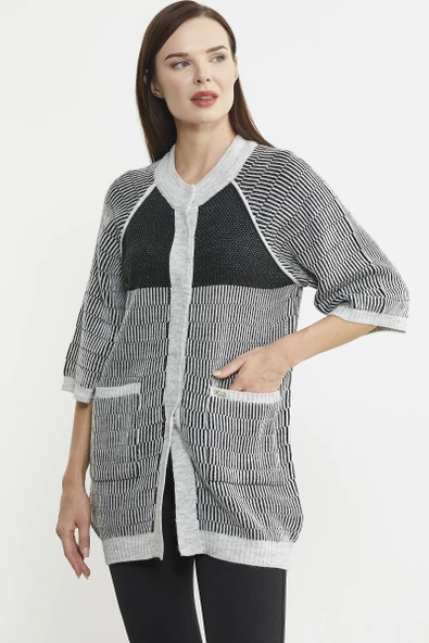 Kısa Kol Çıt Çıtlı Uzun Yünlü Triko Hırka - Gri - Resim 3