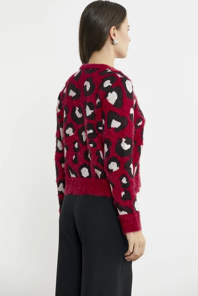 Leopar Desenli Sakallı Triko Hırka - Kırmızı - 5