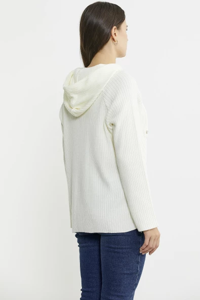 Kapüşonlu Tam Fermuarlı Yünlü Triko Hırka - Kemik - Resim 6